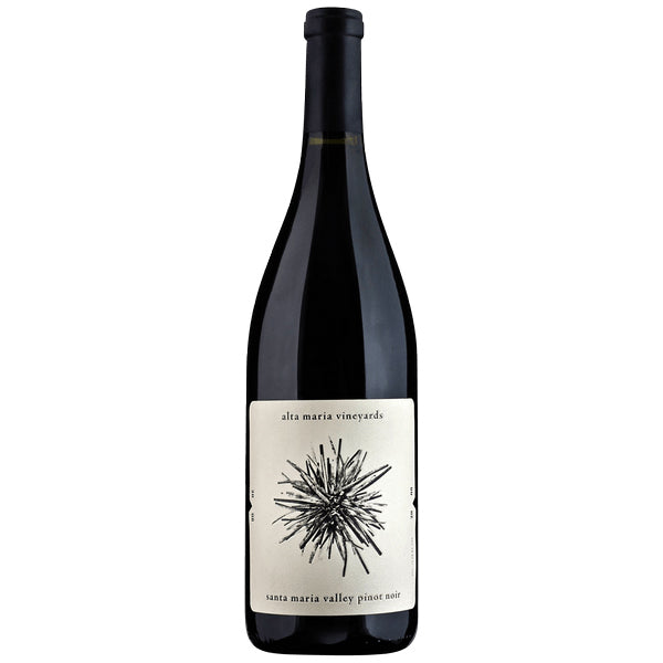 Alta Maria Vineyards Santa Maria Valley Pinot Noir Red wine bottle with white label and black sketch