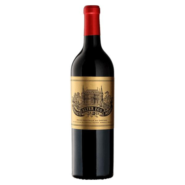 Chateau Palmer Alter Ego, Red wine bottle with red topper and brilliant gold label showing black outline sketch of chateaux