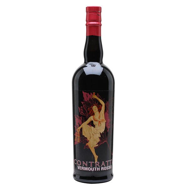 Contratto Vermouth Rosso Red wine bottle with red topper and funky label showing sketch of woman