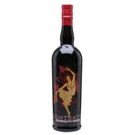 Contratto Vermouth Rosso Red wine bottle with red topper and funky label showing sketch of woman