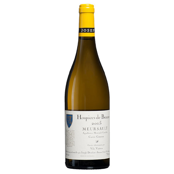 Hospices De Beaune Meursault Cuvee Goureau White Wine bottle with yellow topper and label showing coat of arms