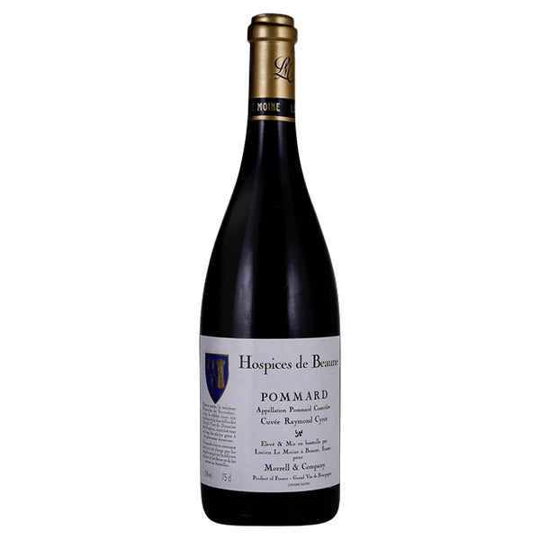 Hospices de Beaune Pommard Cuvee Raymond Cryot Red wine bottle with golden top and classic looking label showing coat of arms imagery